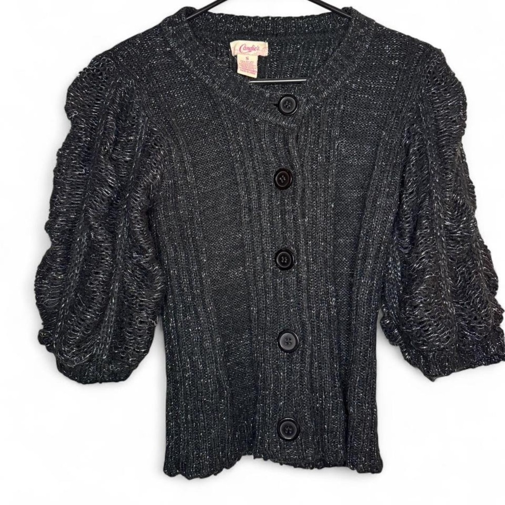 Candies size S black metallic cardigan with puffy sleeves / ruffles /‎ buttons